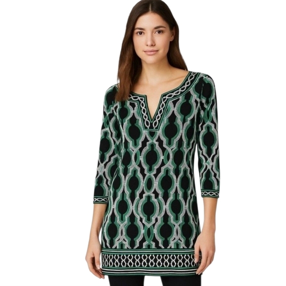 White House Black Market 3/4 Sleeve Black & Green Geometric Print Tunic Size S - Picture 1 of 7